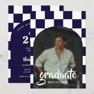 Invitación Graduación con Foto de Arco Cuadriculado Azul Mari