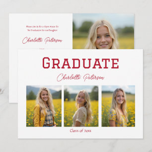 Invitación Graduación con Foto Moderna en Blanco y Rojo