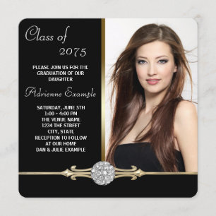 Invitación Graduación con Glamour Diamante Negro y Dorado