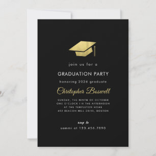 Invitación Graduación con gorra negra y dorada con brillo