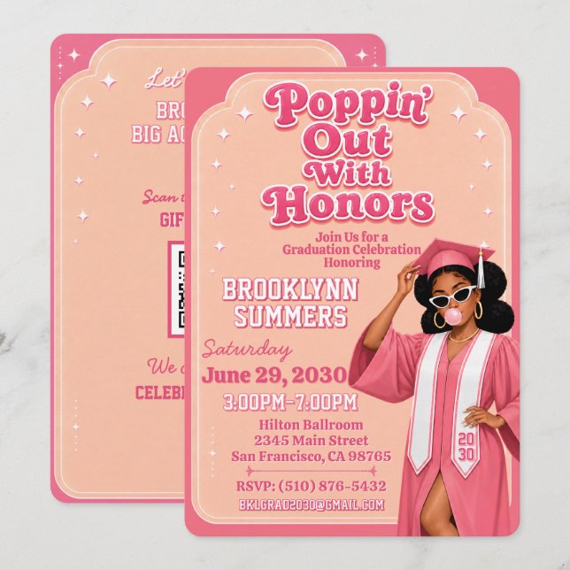 Invitación Graduación con Honores Burbujas de Chicle Rosa (Anverso / Reverso)