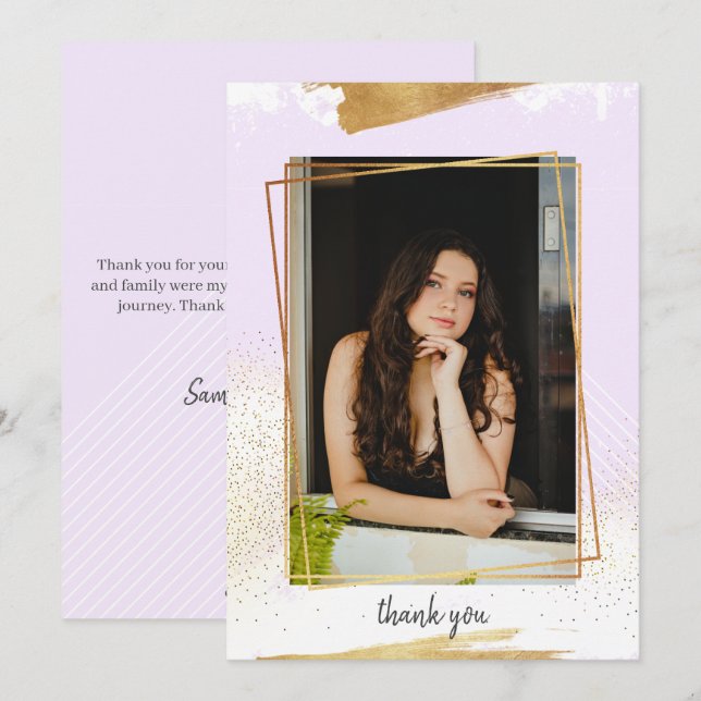 Invitación Graduación Con Marco Cute Purple & Gold Gracias In (Anverso / Reverso)