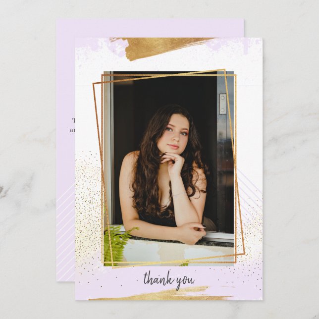 Invitación Graduación con marco de púrpura y oro (Anverso / Reverso)