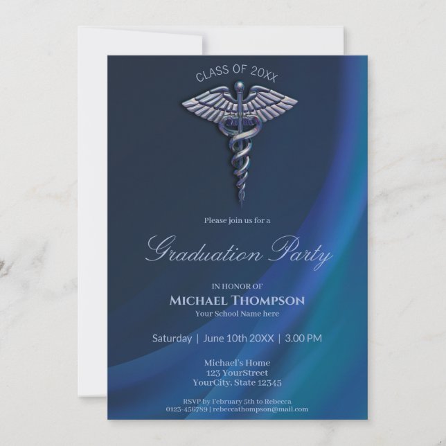 Invitación Graduación cromada del Caduceo Médico Holográfico (Anverso)