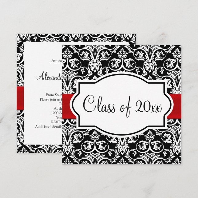 Invitación Graduación cuadrada de cinta roja de damasco blanc (Anverso / Reverso)
