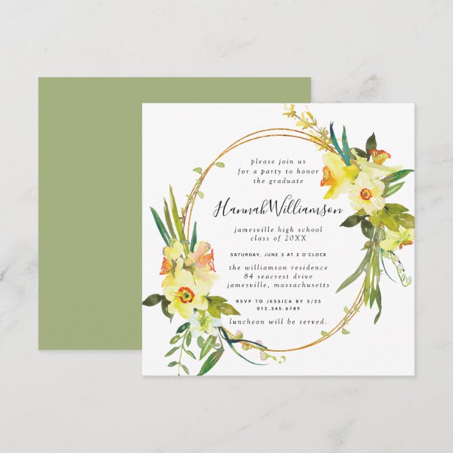 Invitación Graduación cuadrada de Daffodil amarillo (Anverso / Reverso)