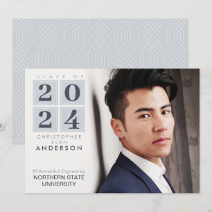 Invitación Graduación   Cuadrados Modernos Gris y Azul Marino