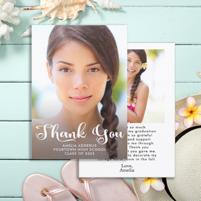 Invitación Graduación Cute Script 2 Foto Gracias (2-sided, 2-photo graduation "Thank you" card)