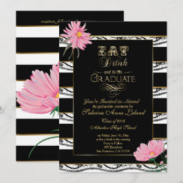 Invitación Graduación Daisies rosados Bandas blancas de encaj