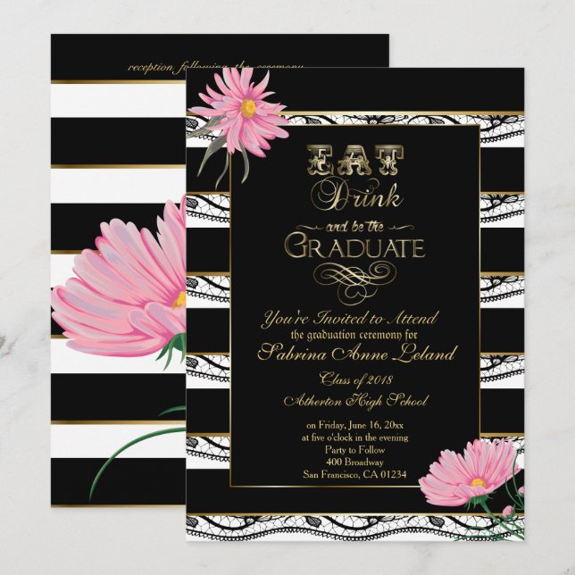Invitación Graduación Daisies rosados Bandas blancas de encaj (Anverso / Reverso)