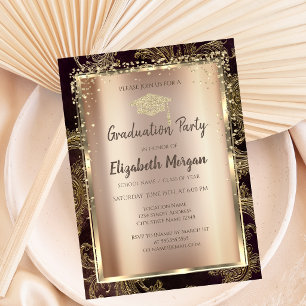 Invitación Graduación Damasco Floral Diamantes Dorados 