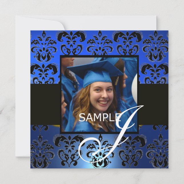 Invitación GRADUACIÓN DAMASK MONOGRAM , azul blanco negro (Anverso)