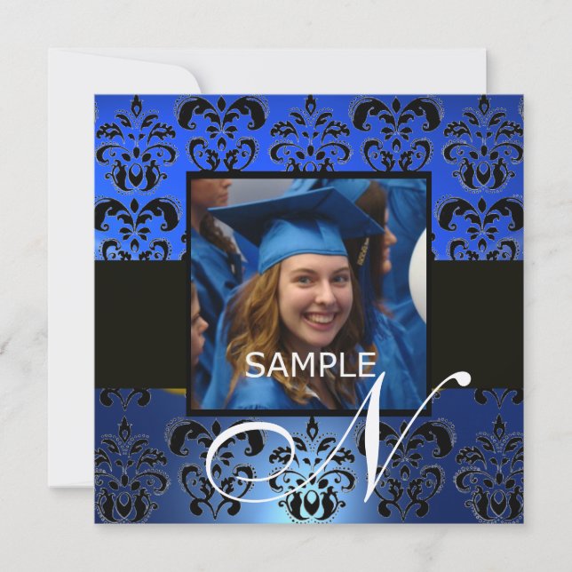 Invitación GRADUACIÓN DAMASK MONOGRAM, champán azul negro (Anverso)