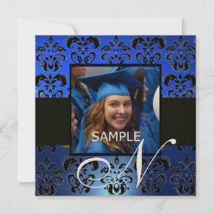 Invitación GRADUACIÓN DAMASK MONOGRAM, champán azul negro