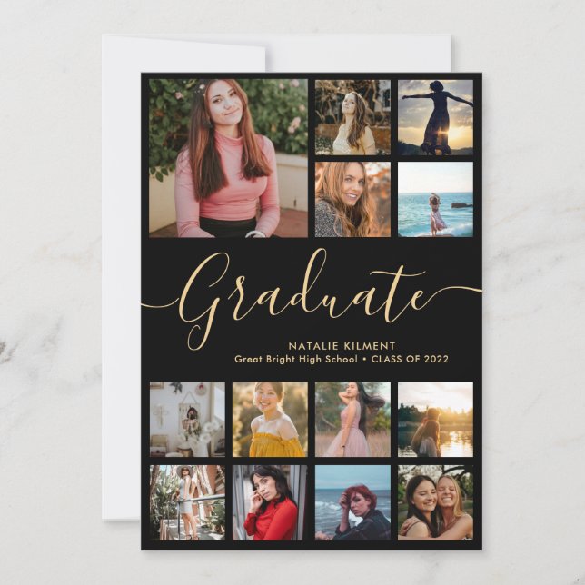 Invitación Graduación de 14 Collages de fotos en negro y oro (Anverso)