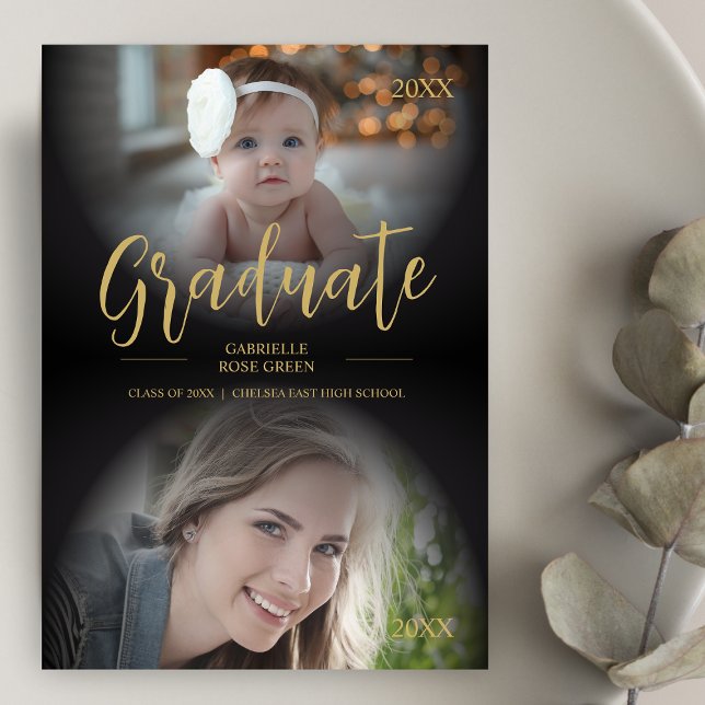 Invitación Graduación De 2 Fotos A La Vista Y Ahora A La Moda (Cute Fancy Then & Now Trendy 2 Photos Graduation Invitation with Envelope. )