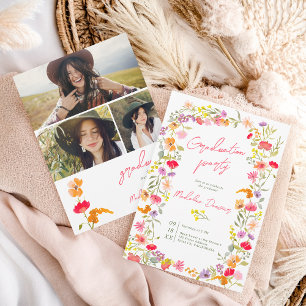 Invitación Graduación de 3 fotos de Boho Elegant Wildflowers