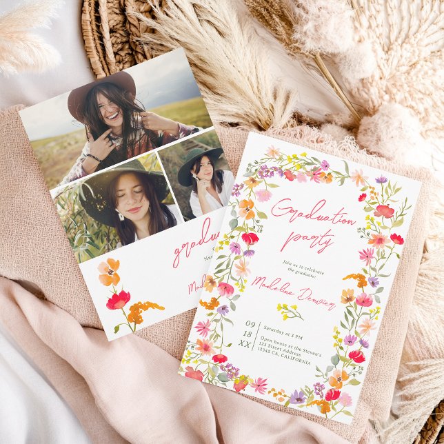 Invitación Graduación de 3 fotos de Boho Elegant Wildflowers (Boho Elegant Wildflowers 3-Photo Graduation Invitation)