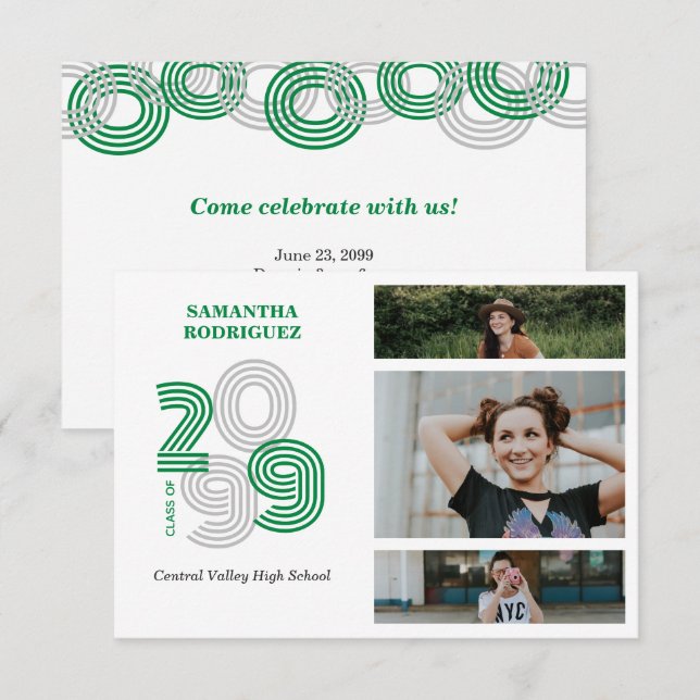 Invitación Graduación de 3 fotos de Green Retro Big Numbers (Anverso / Reverso)