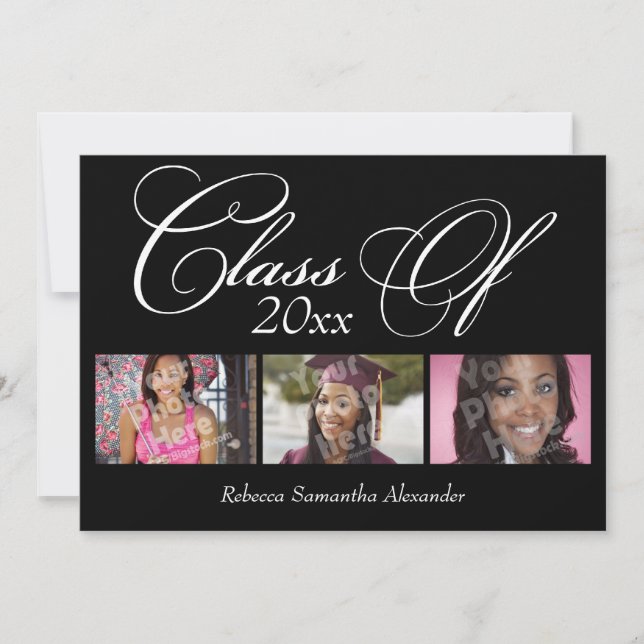 Invitación Graduación de 3 fotos en guión de negrita negro (Anverso)