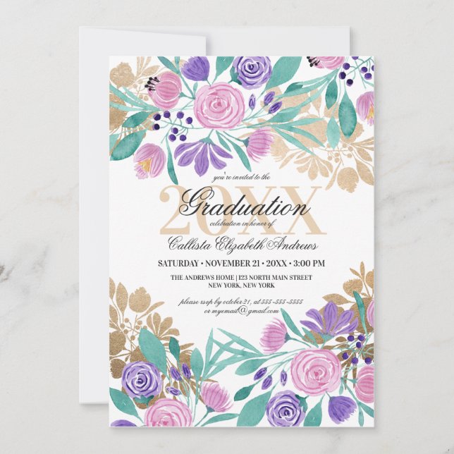 Invitación Graduación de acuarela dorada violeta y floral (Anverso)