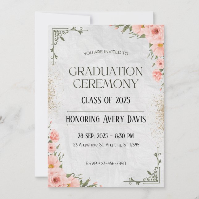 Invitación Graduación de acuarela floral rosa y verde (Anverso)