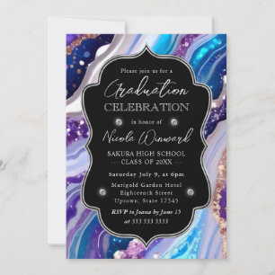 Invitación Graduación de Ágata de Mármol con Brillo Azul y Mo