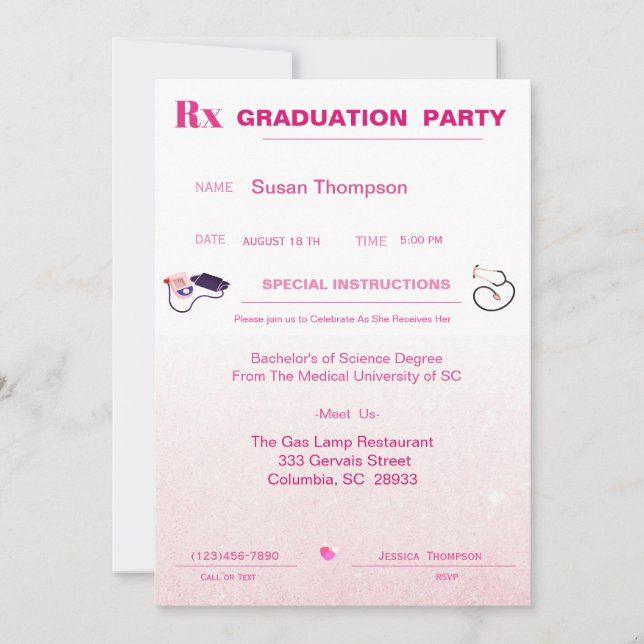 Invitación Graduación de almohadillas de prescripción médica  (Anverso)