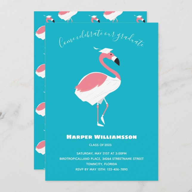 Invitación Graduación De Animales Azules Flamingo Rosa (Anverso / Reverso)