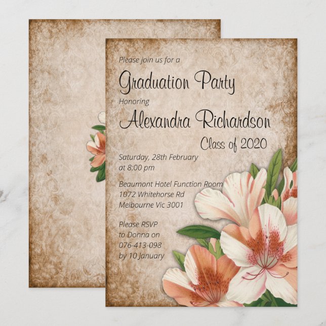 Invitación Graduación de Apricot Lilies Vintage (Anverso / Reverso)