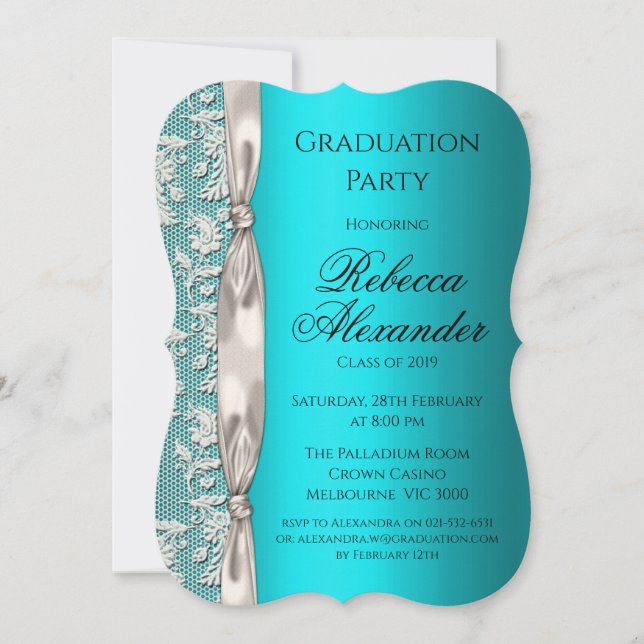 Invitación Graduación de Aqua metálico y cinta blanca (Anverso)
