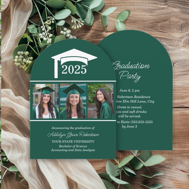 Invitación Graduación de Arco Fotográfico de la Universidad V (Green 3-photo arch-shaped graduation party invitation)