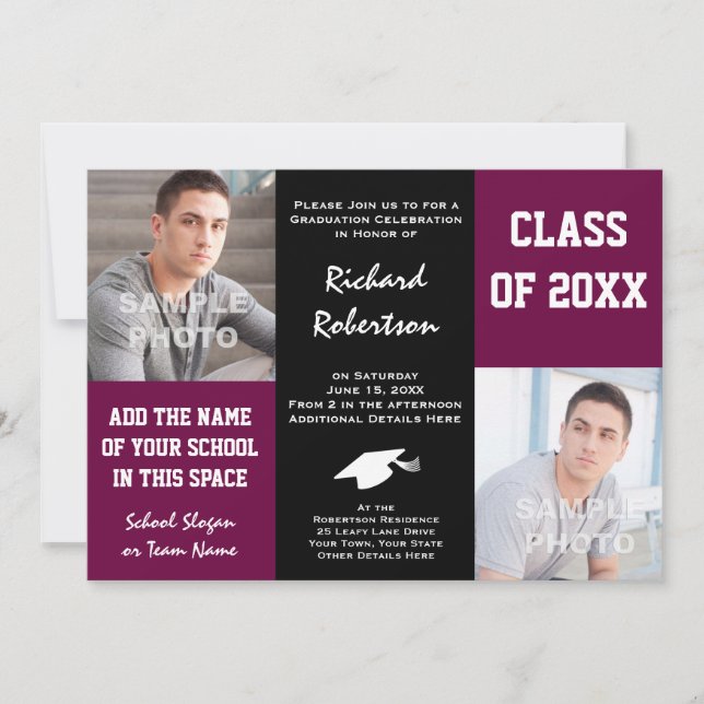 Invitación Graduación de atleta morado y negro Personalizado (Anverso)