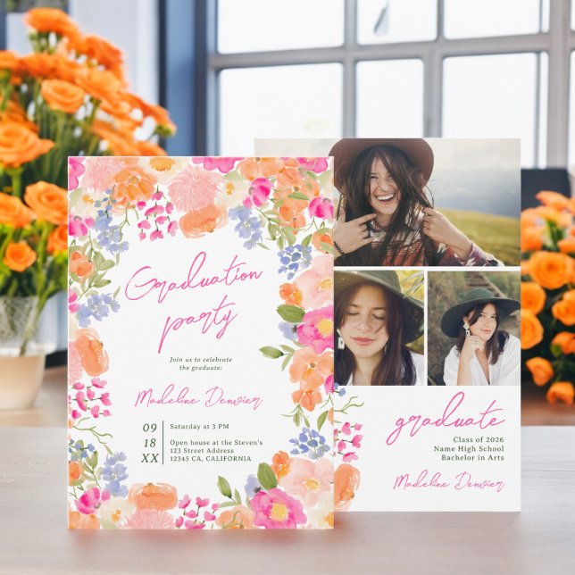 Invitación Graduación de audaces fotos de flores silvestres e (Bohemian bold wildflowers photos graduation invitation)