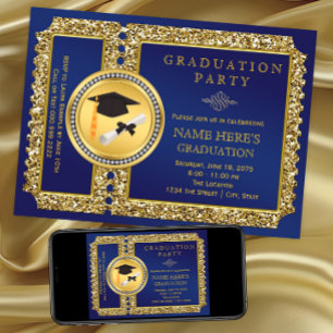 Invitación Graduación de Azul Real y Dorado