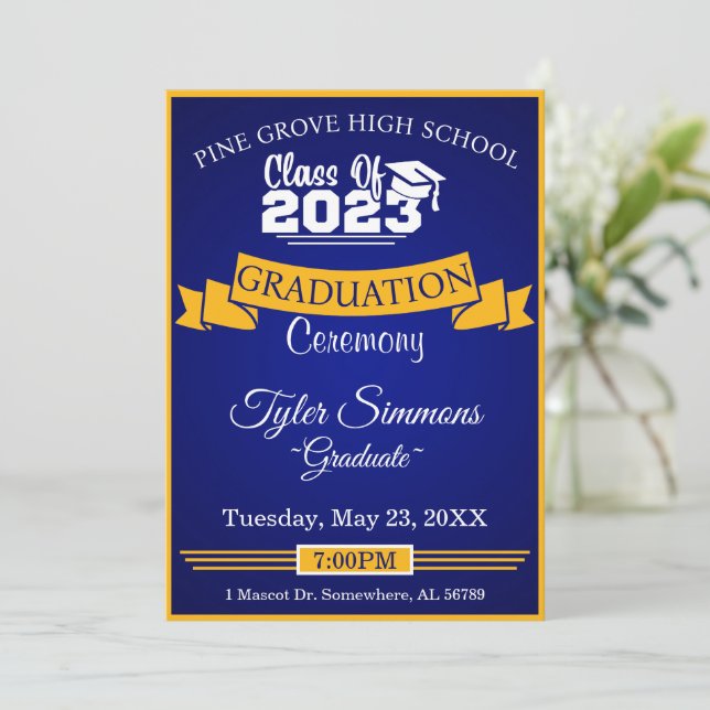 Invitación Graduación de azul y oro (Anverso de pie)