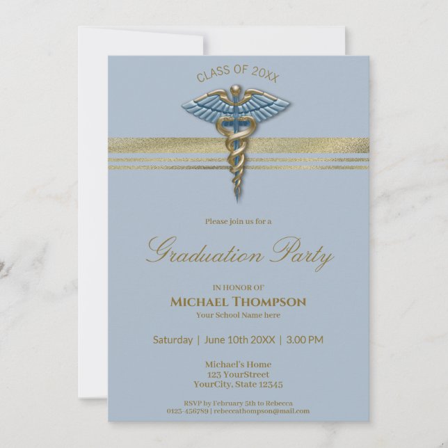 Invitación Graduación de bandas de oro de Caduceus azul médic (Anverso)