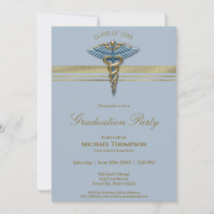 Invitación Graduación de bandas de oro de Caduceus azul médic