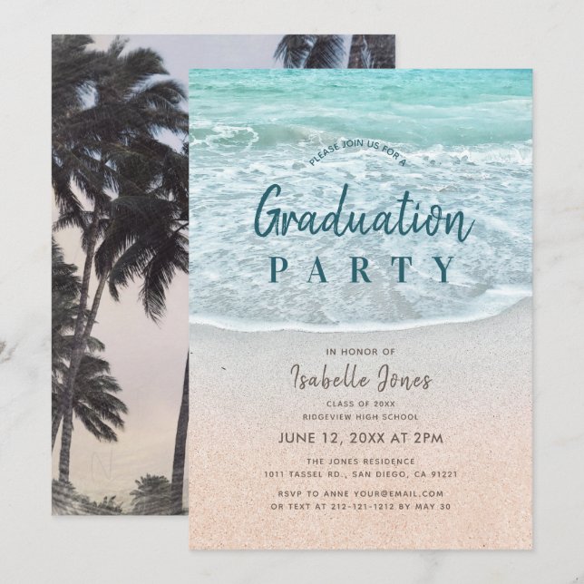 Invitación Graduación de Blue Ocean & Sandy Beach (Anverso / Reverso)