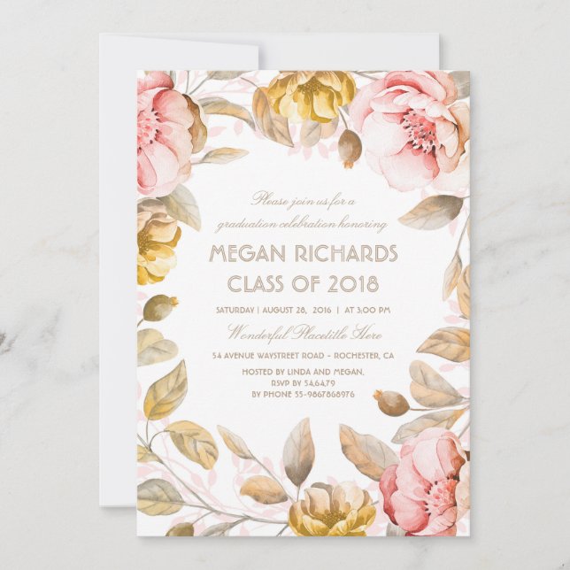 Invitación Graduación de Boho de color floral de Rubor y oro (Anverso)