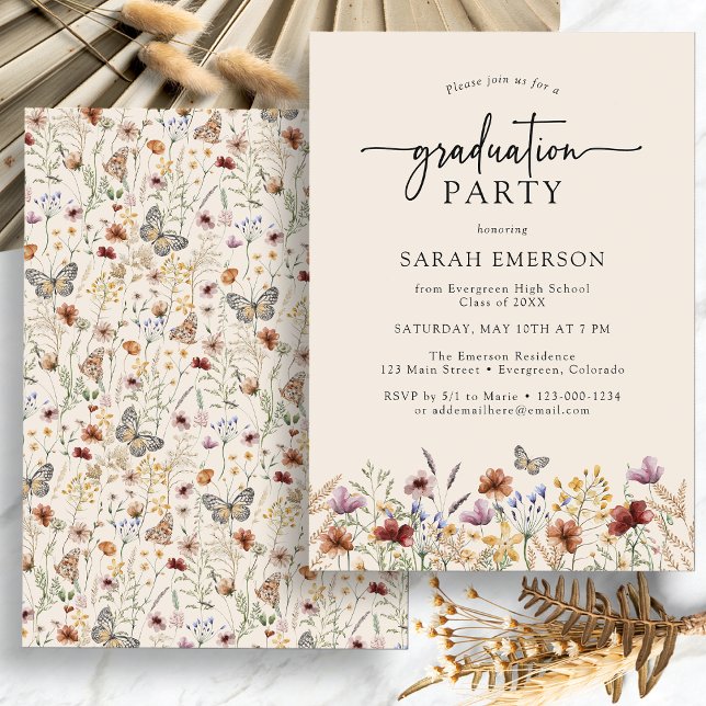 Invitación Graduación de Boho Floral (Watercolor Boho Floral Graduation Party Invitation with Butterfly by Painted Paperie
)