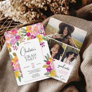 Invitación Graduación de Boho Floral de 3 fotos pintada a man