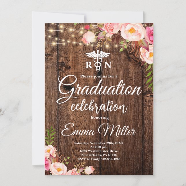 Invitación Graduación de Boho Floral de la Escuela de enferme (Anverso)
