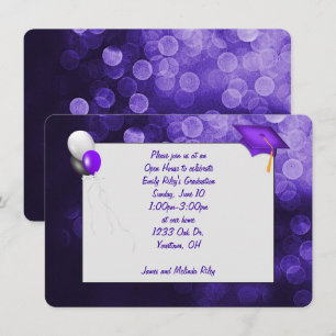 Invitación graduación de bokeh morado y negro