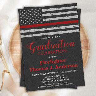 Invitación Graduación de bombero de bandera roja delgada