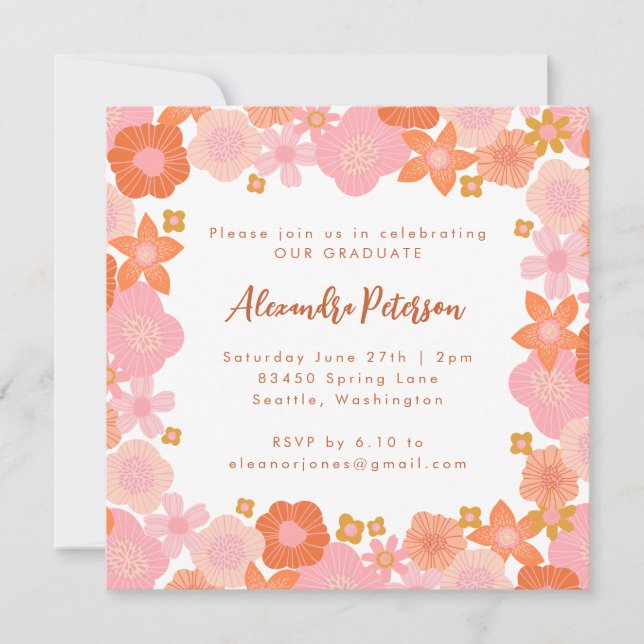 Invitación Graduación de borde floral rosa y Naranja (Anverso)