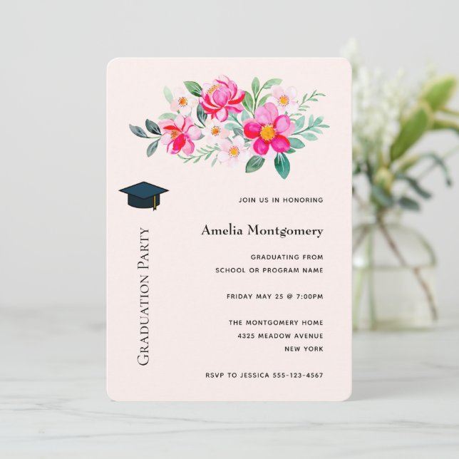 Invitación Graduación de Bouquet de flores rosadas de Bonito  (Anverso de pie)