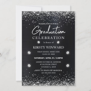 Invitación Graduación de brillo metálico negro y plateado