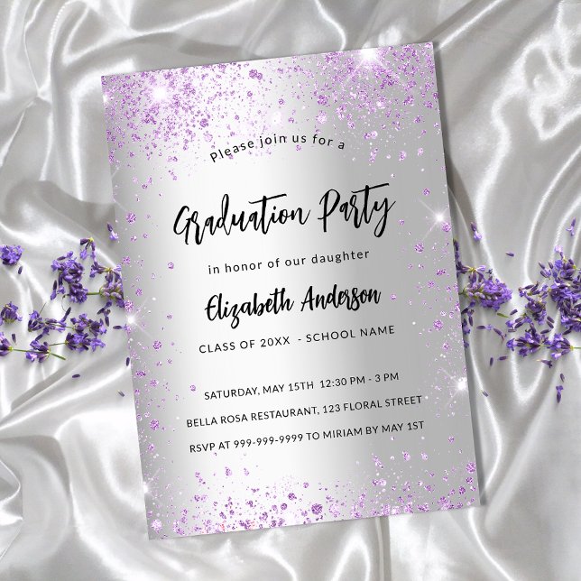 Invitación Graduación de brillo violeta de plata (Subido por el creador)