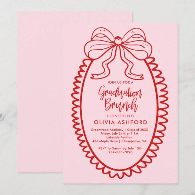 Invitación Graduación de Brunch Elegante Rojo y Rosa (Anverso / Reverso)
